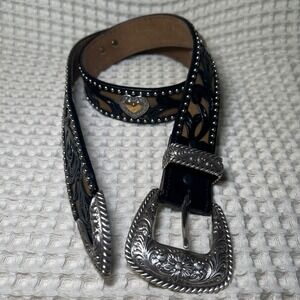 3D Women Black DDD Handtooled Leather Western Belt Heart Concho Silver Buckle 34